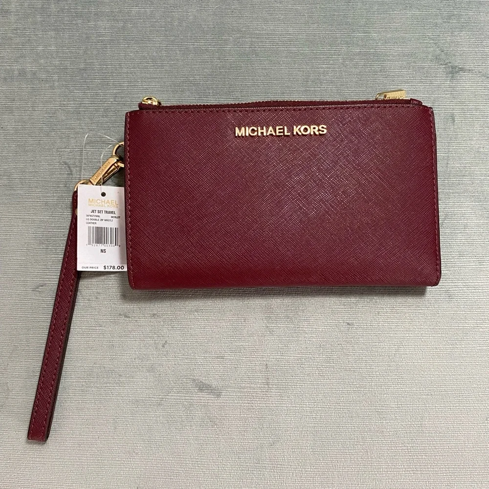 COPY - NWT Michael Kors Jet Set Travel leather Merlot large double zip wristlet…